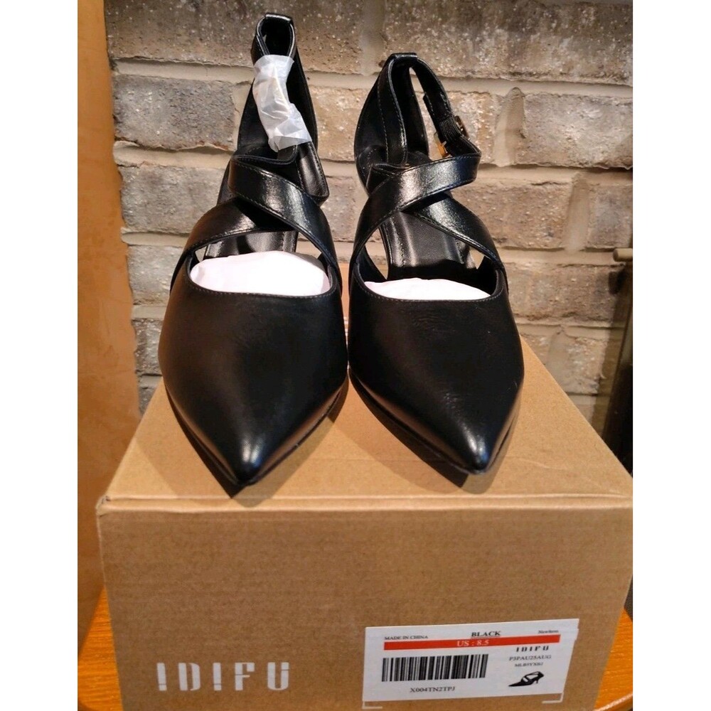 IDIFU Womens Black Strappy Pointed Toe Kitten Heels Pumps Shoes Size 8.5 NIB